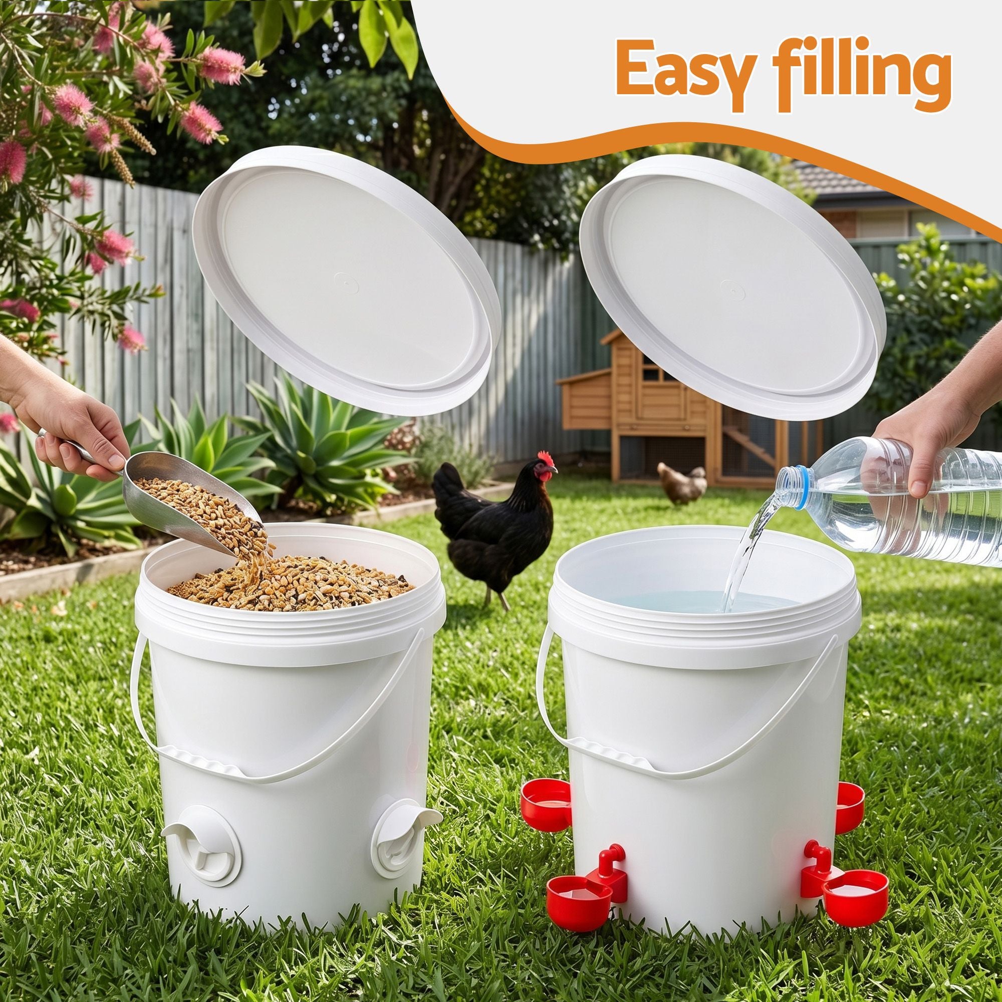 20L x2 Automatic Chicken Feeder and Waterer Set with Metal Stand - White and Red