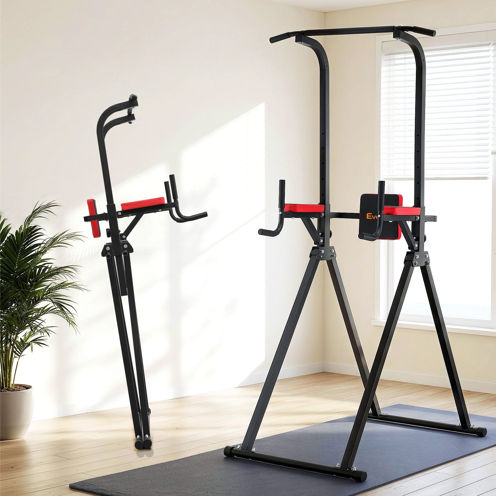 Adjustable Folding Chin Up Tower Pull Up and Dip Station for Home Gym - Black