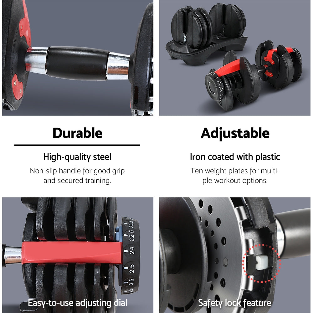 Adjustable 24kg Dumbbell with Weight Plates and Holder - Black and Red