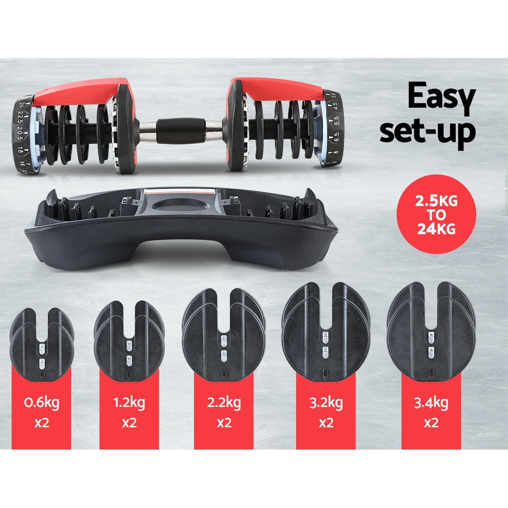 Adjustable 24kg Dumbbell with Weight Plates and Holder - Black and Red