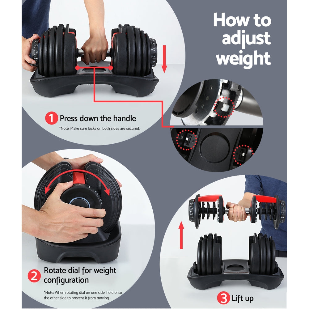Adjustable 24kg Dumbbell with Weight Plates and Holder - Black and Red