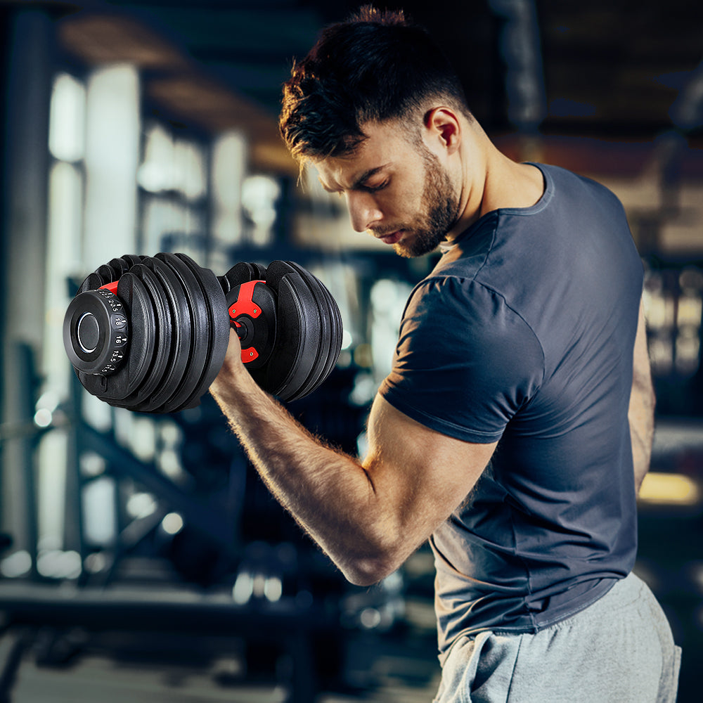 Adjustable 24kg Dumbbell with Weight Plates and Holder - Black and Red