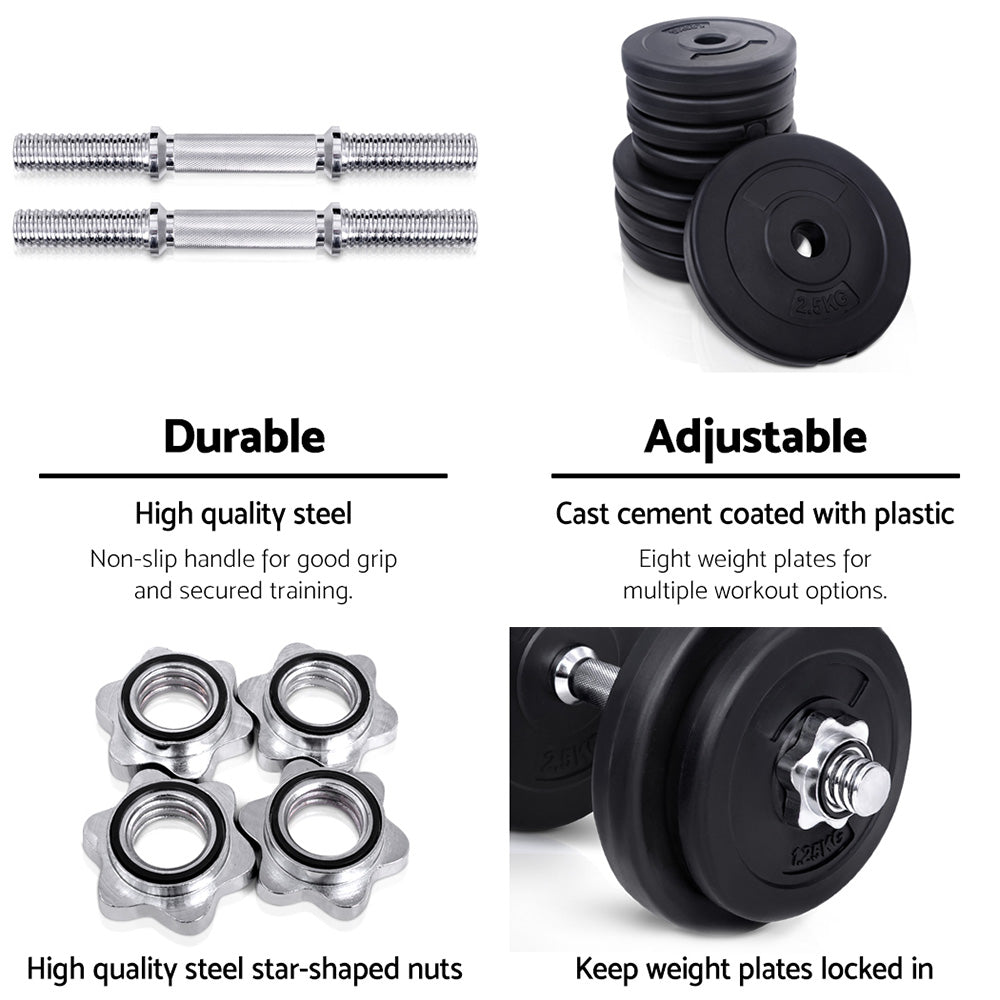 20kg Adjustable Dumbbell Set with Weight Plates - Black & Silver