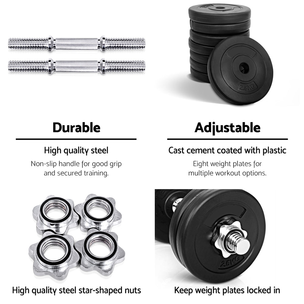 25kg Adjustable Dumbbell Set with Weight Plates - Black