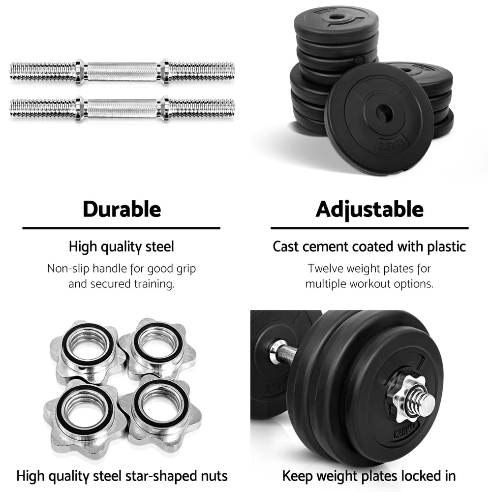30kg Adjustable Dumbbell Set with Weight Plates and Lifting Bench - Black