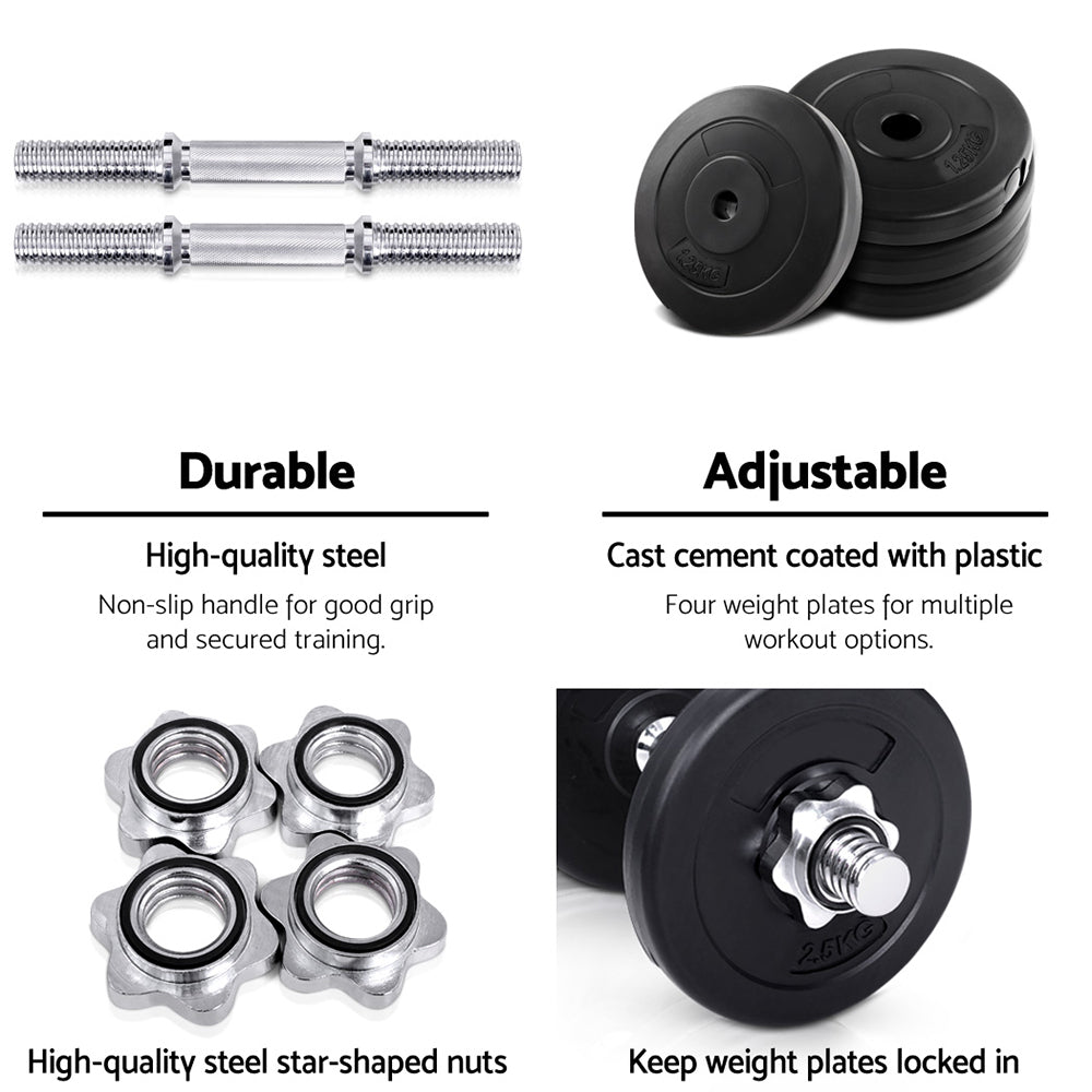 15kg Adjustable Dumbbell Set with Weight Plates - Black and Silver
