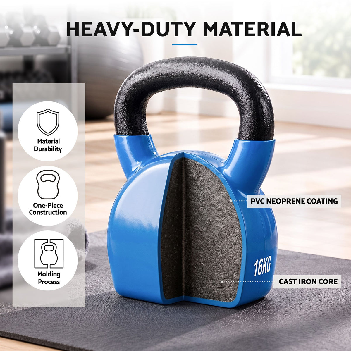 16kg Cast Iron Kettlebell with PVC Neoprene Coating - Blue