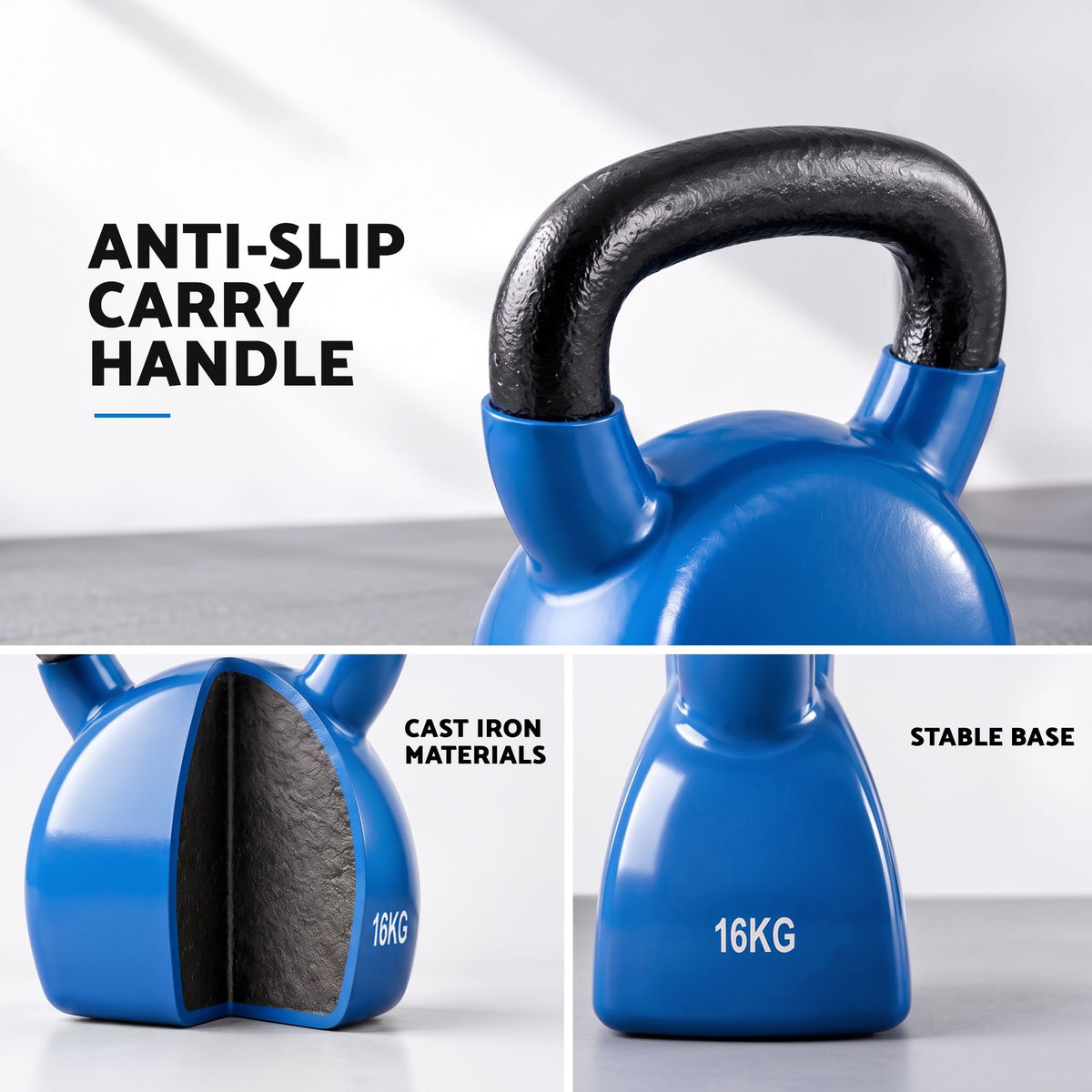 16kg Cast Iron Kettlebell with PVC Neoprene Coating - Blue