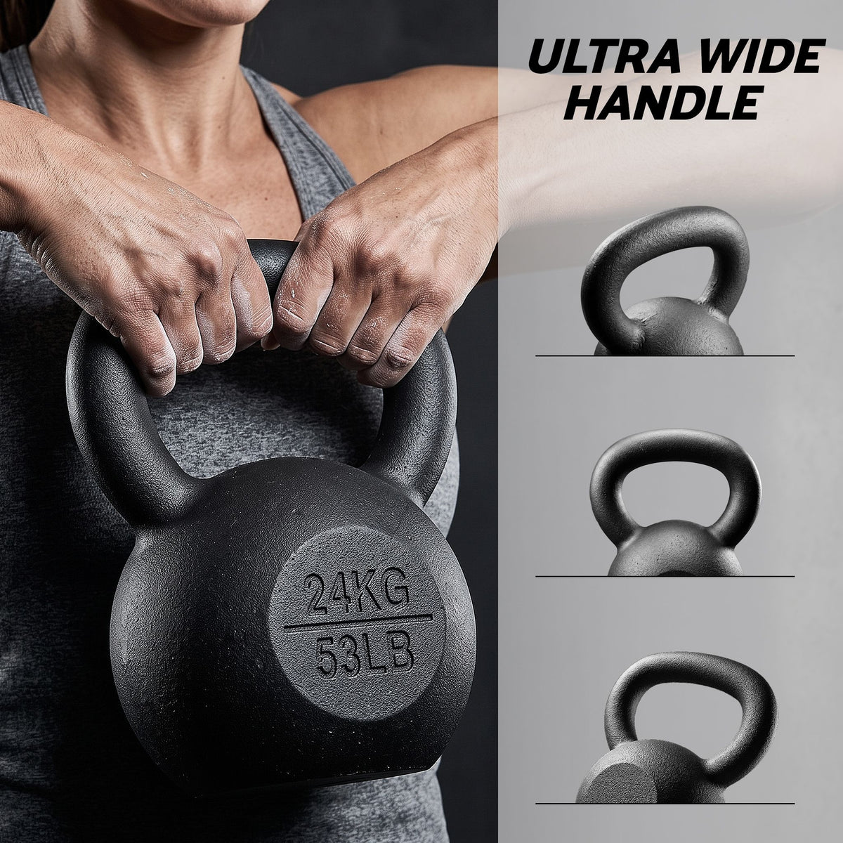 24kg Cast Iron Kettlebell with Powder Coating and Flat Bottom - Black