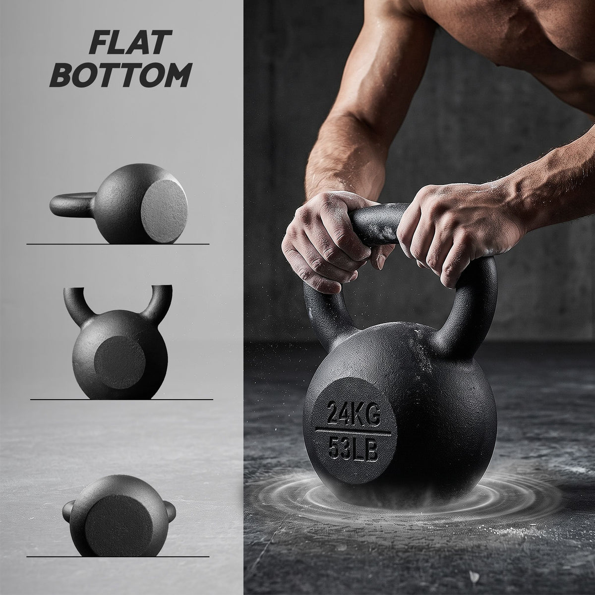 24kg Cast Iron Kettlebell with Powder Coating and Flat Bottom - Black