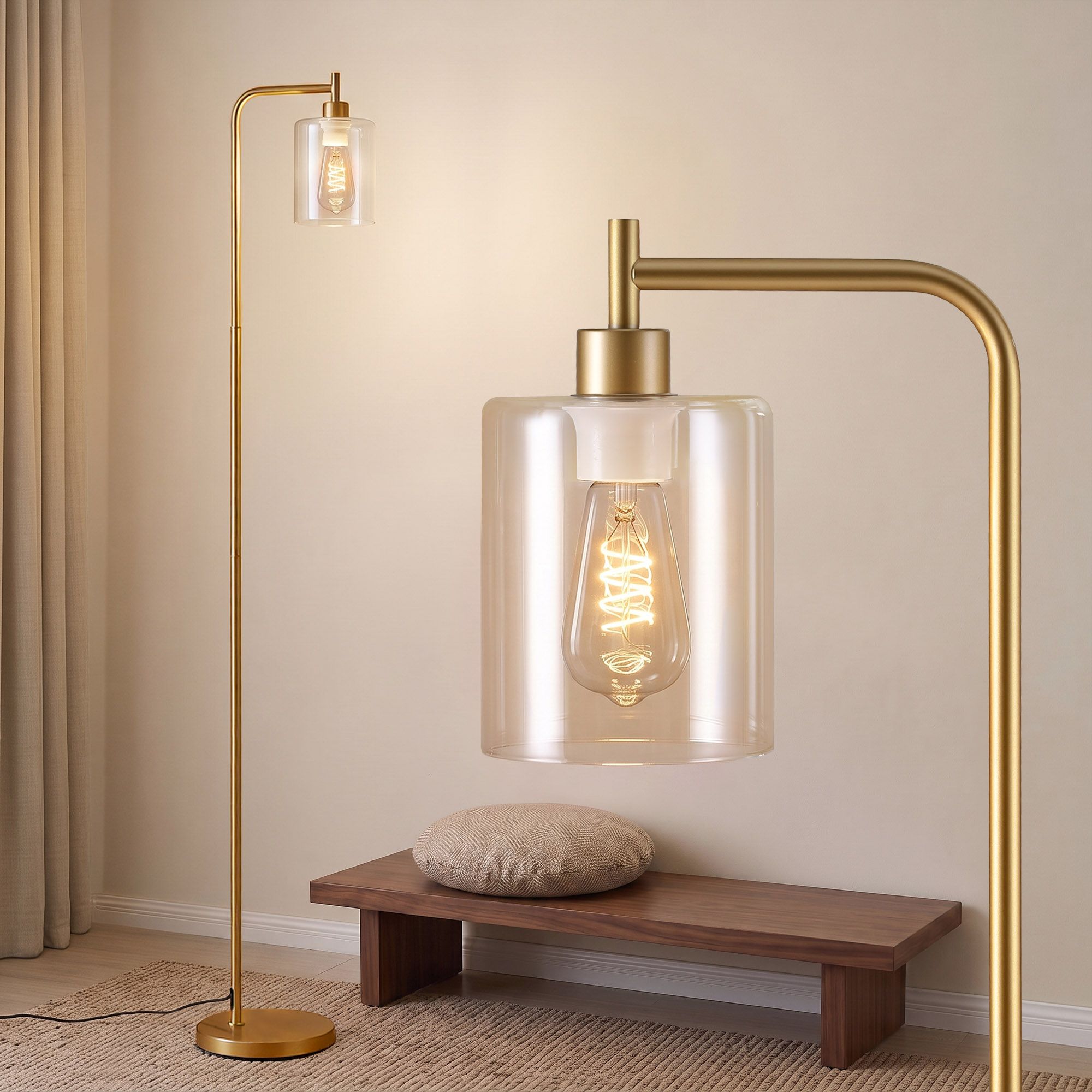 Floor Lamp Modern Industrial Standing Light with Clear Glass Shade, GoldMetal Tall Lamp for Living Room, Bedroom & Office, Anti-Tipping Weighted Base & Foot Switch (Bulb Not Included)