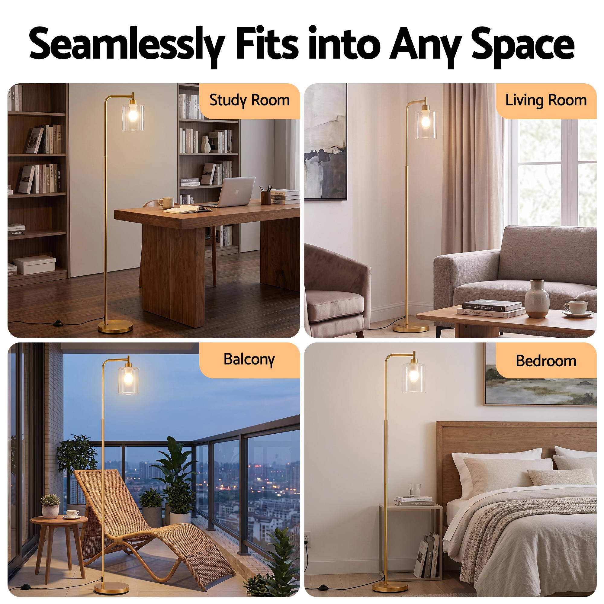Floor Lamp Modern Industrial Standing Light with Clear Glass Shade, GoldMetal Tall Lamp for Living Room, Bedroom & Office, Anti-Tipping Weighted Base & Foot Switch (Bulb Not Included)