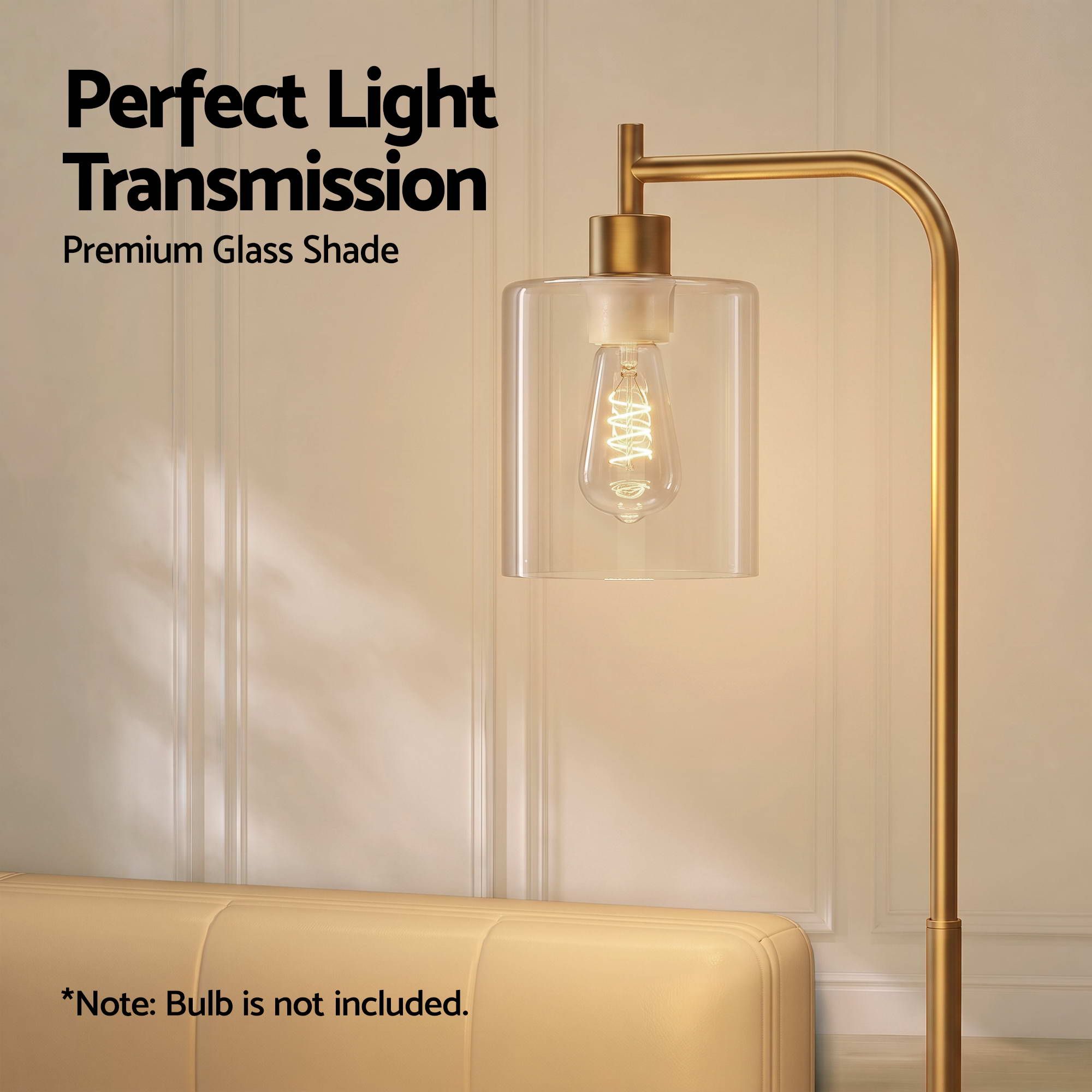 Floor Lamp Modern Industrial Standing Light with Clear Glass Shade, GoldMetal Tall Lamp for Living Room, Bedroom & Office, Anti-Tipping Weighted Base & Foot Switch (Bulb Not Included)