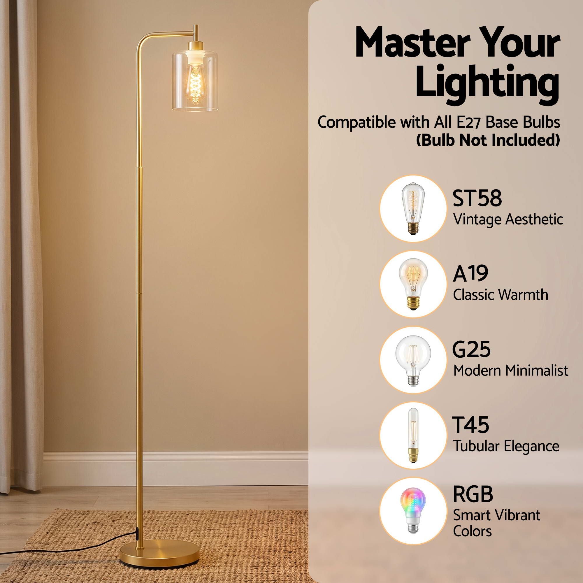 Floor Lamp Modern Industrial Standing Light with Clear Glass Shade, GoldMetal Tall Lamp for Living Room, Bedroom & Office, Anti-Tipping Weighted Base & Foot Switch (Bulb Not Included)
