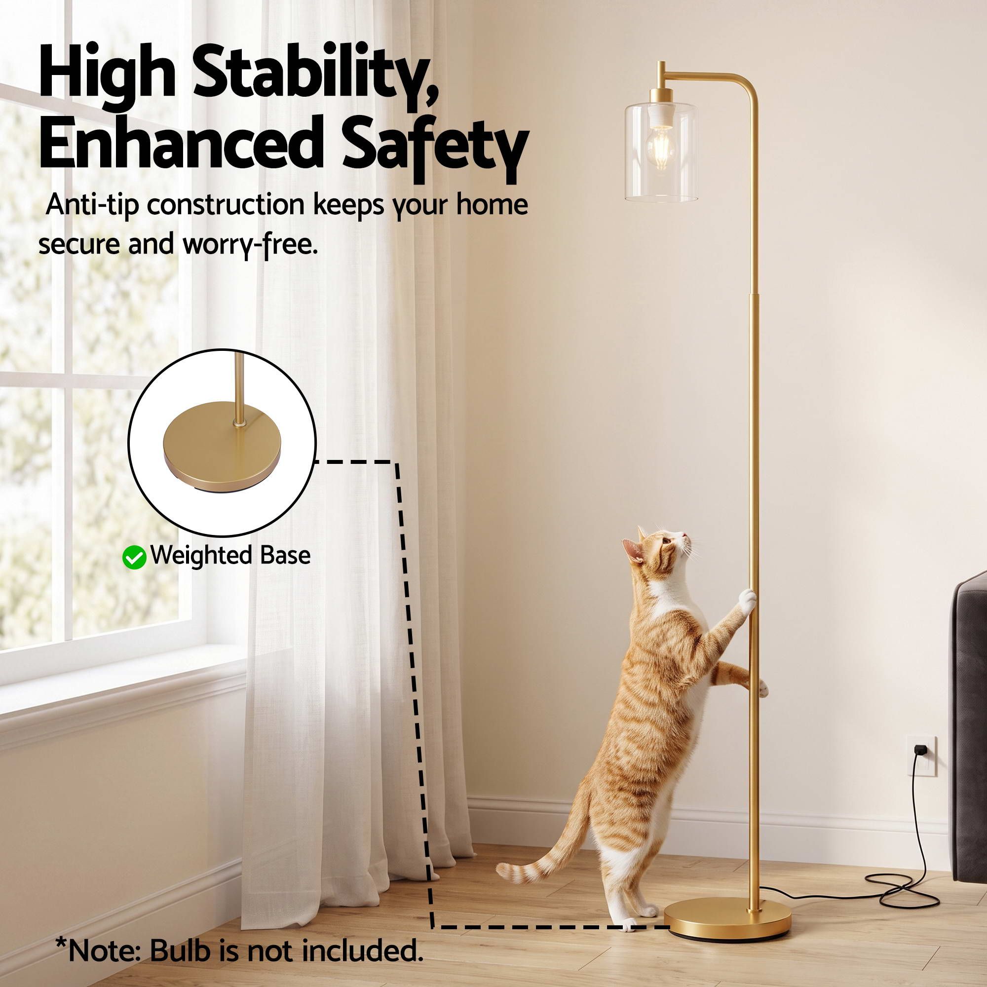 Floor Lamp Modern Industrial Standing Light with Clear Glass Shade, GoldMetal Tall Lamp for Living Room, Bedroom & Office, Anti-Tipping Weighted Base & Foot Switch (Bulb Not Included)