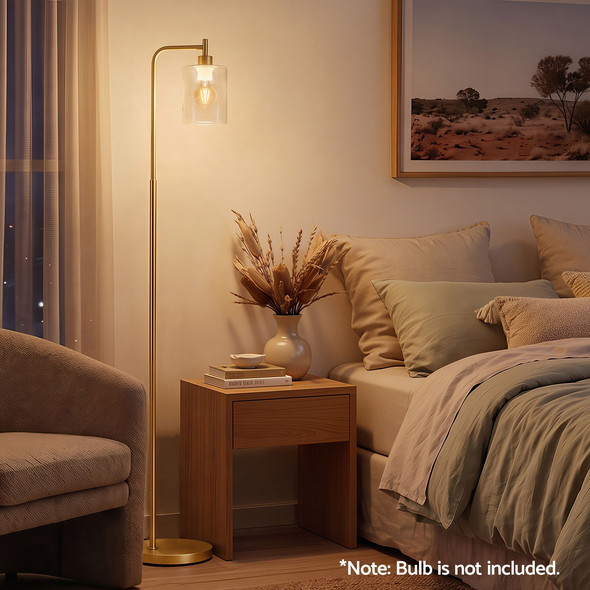 Floor Lamp Modern Industrial Standing Light with Clear Glass Shade, GoldMetal Tall Lamp for Living Room, Bedroom & Office, Anti-Tipping Weighted Base & Foot Switch (Bulb Not Included)