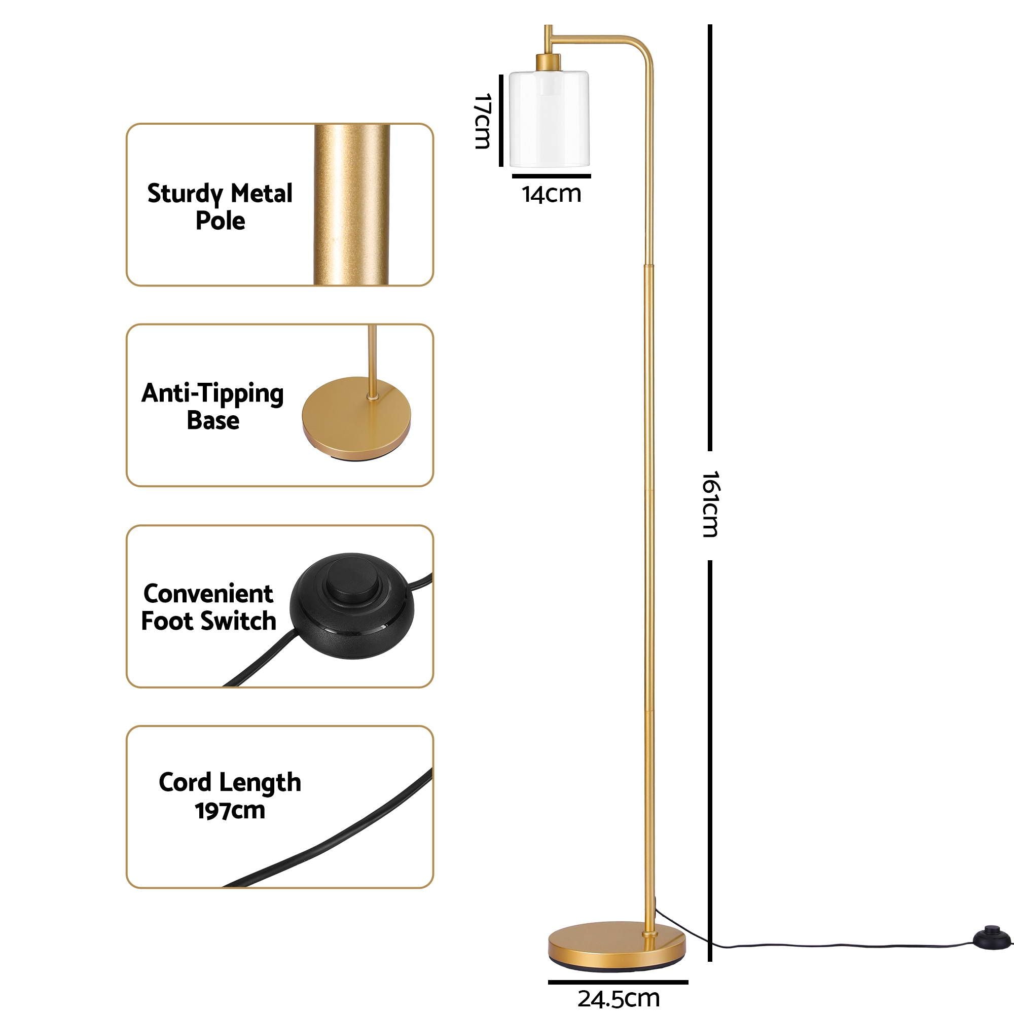 Floor Lamp Modern Industrial Standing Light with Clear Glass Shade, GoldMetal Tall Lamp for Living Room, Bedroom & Office, Anti-Tipping Weighted Base & Foot Switch (Bulb Not Included)