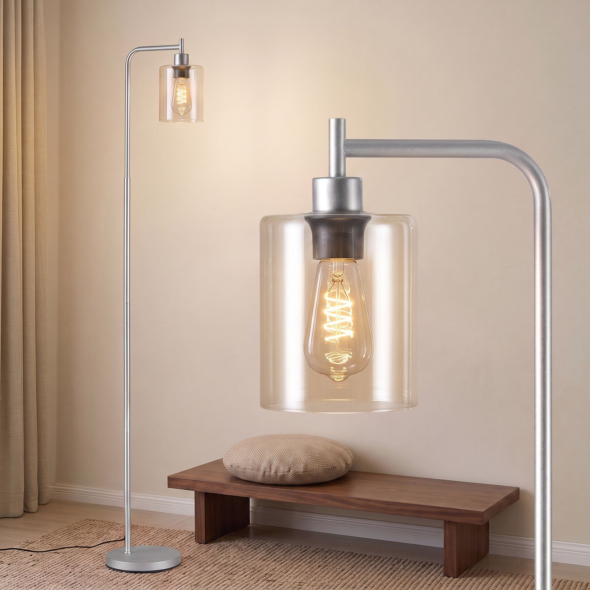 Floor Lamp Modern Industrial Standing Light with Clear Glass Shade, Silver Metal Tall Lamp for Living Room, Bedroom & Office, Anti-Tipping Weighted Base & Foot Switch (Bulb Not Included)