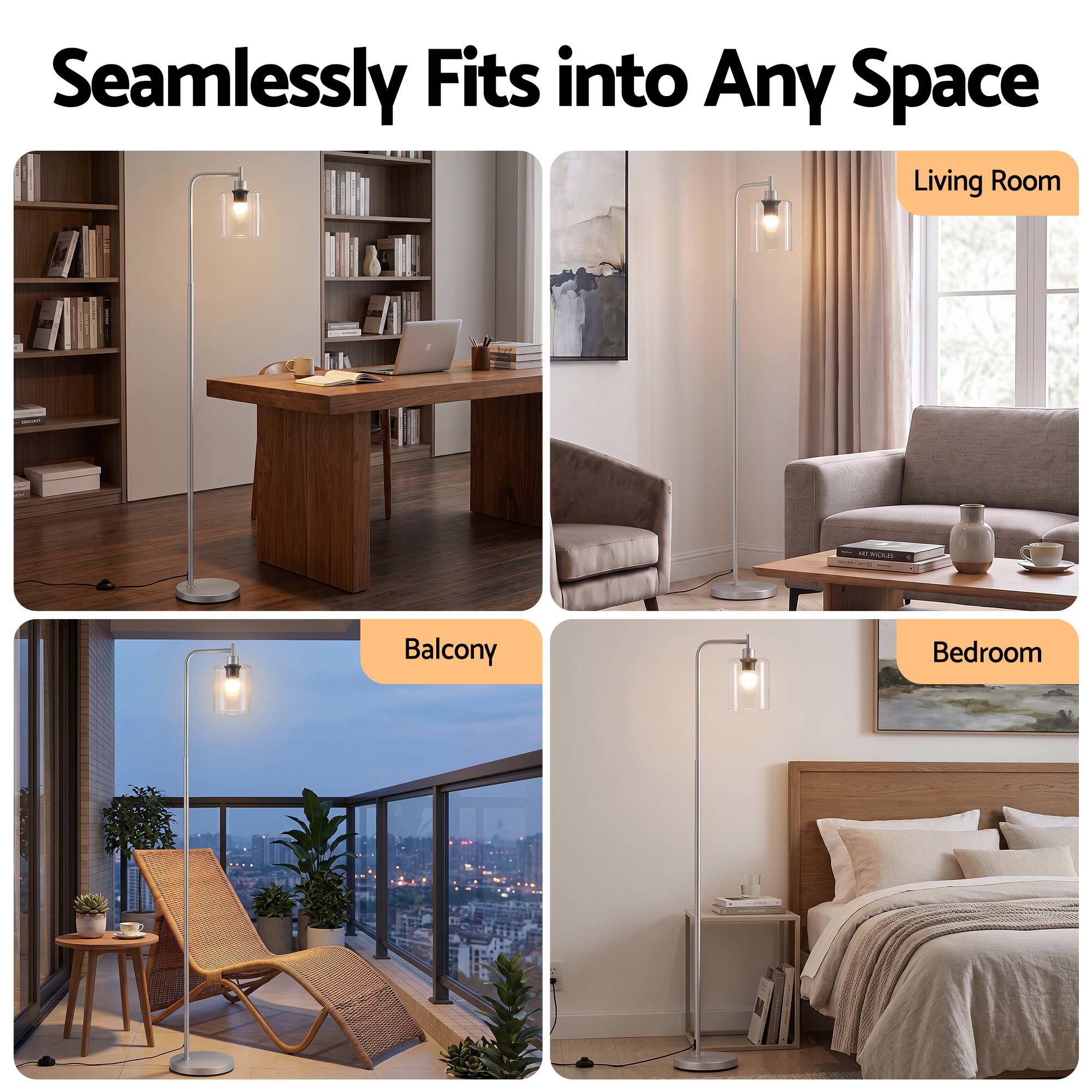 Floor Lamp Modern Industrial Standing Light with Clear Glass Shade, Silver Metal Tall Lamp for Living Room, Bedroom & Office, Anti-Tipping Weighted Base & Foot Switch (Bulb Not Included)