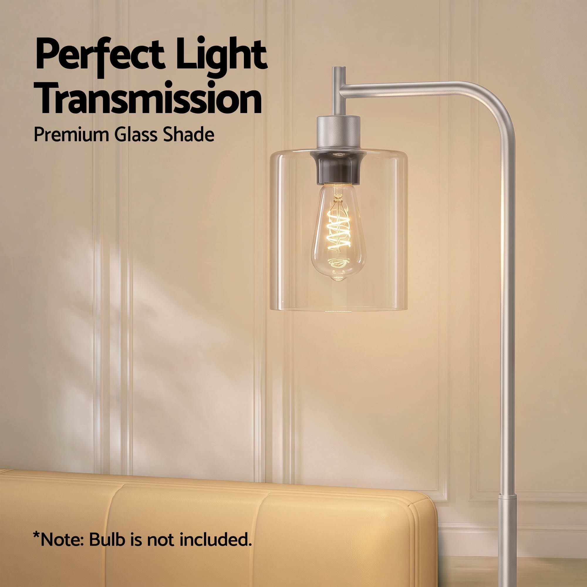 Floor Lamp Modern Industrial Standing Light with Clear Glass Shade, Silver Metal Tall Lamp for Living Room, Bedroom & Office, Anti-Tipping Weighted Base & Foot Switch (Bulb Not Included)