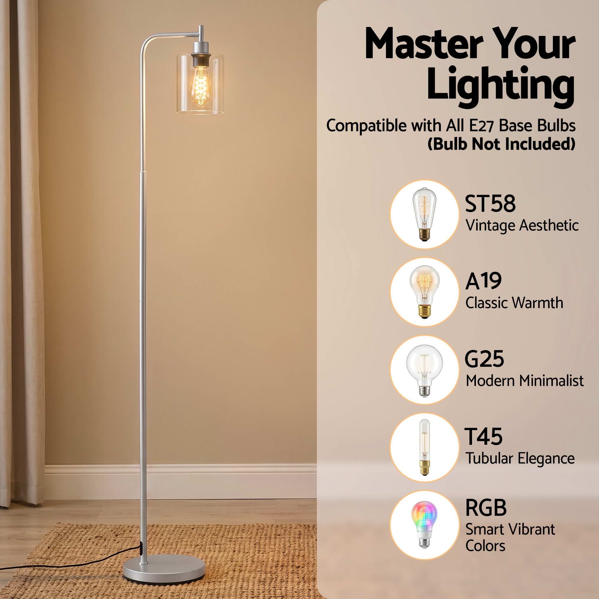 Floor Lamp Modern Industrial Standing Light with Clear Glass Shade, Silver Metal Tall Lamp for Living Room, Bedroom & Office, Anti-Tipping Weighted Base & Foot Switch (Bulb Not Included)