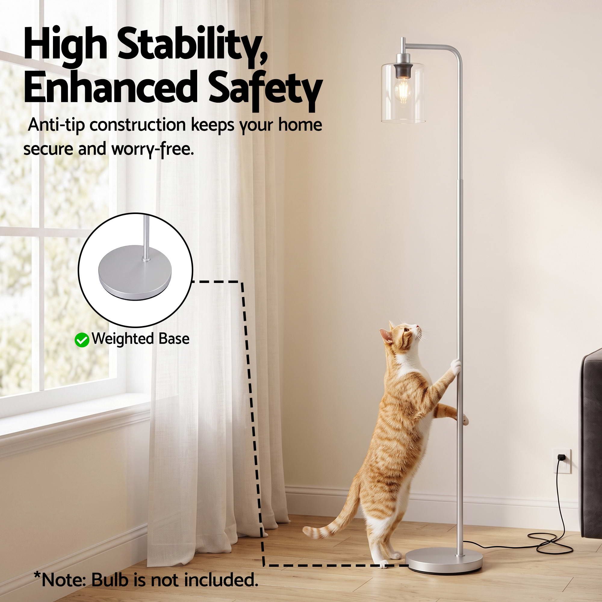 Floor Lamp Modern Industrial Standing Light with Clear Glass Shade, Silver Metal Tall Lamp for Living Room, Bedroom & Office, Anti-Tipping Weighted Base & Foot Switch (Bulb Not Included)