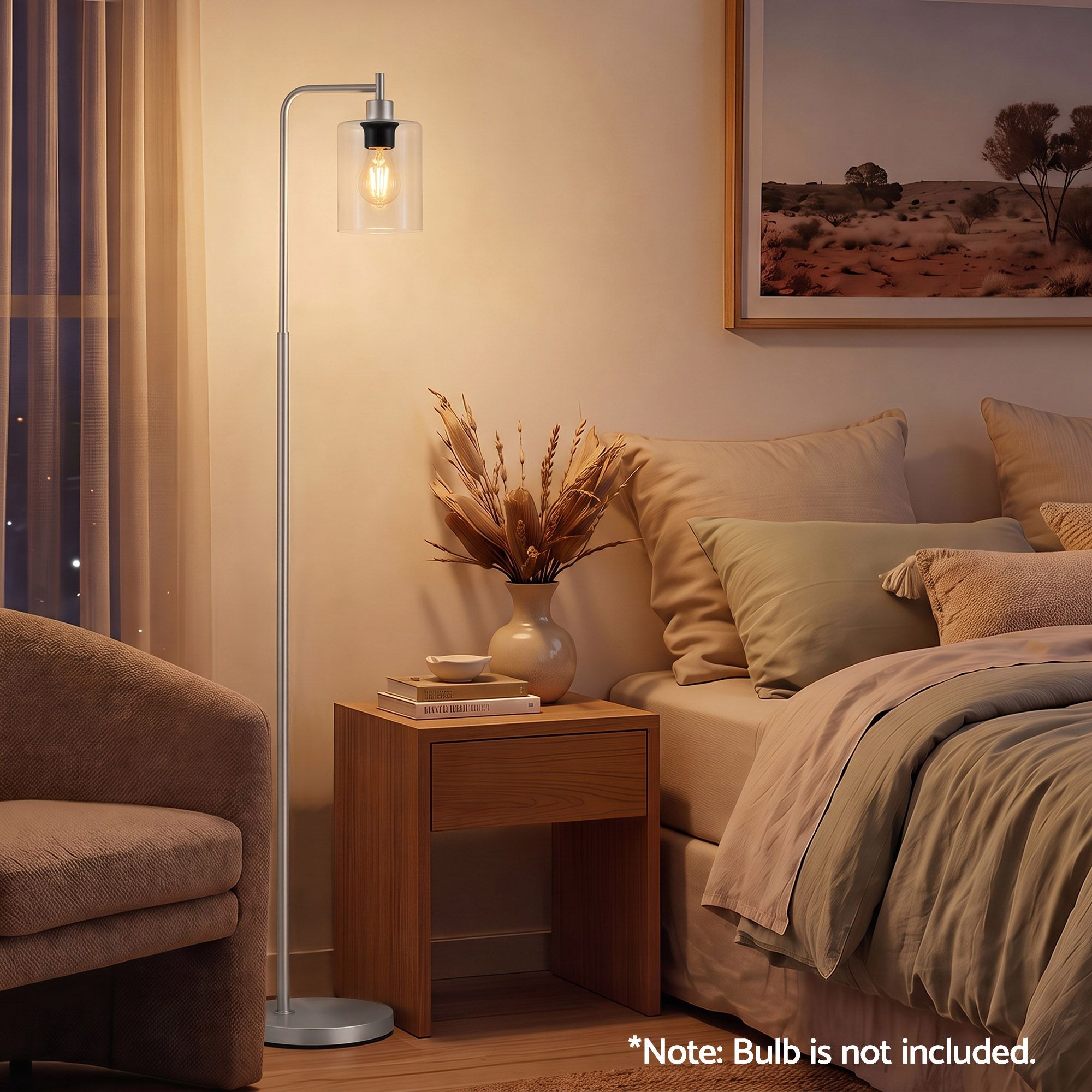 Floor Lamp Modern Industrial Standing Light with Clear Glass Shade, Silver Metal Tall Lamp for Living Room, Bedroom & Office, Anti-Tipping Weighted Base & Foot Switch (Bulb Not Included)