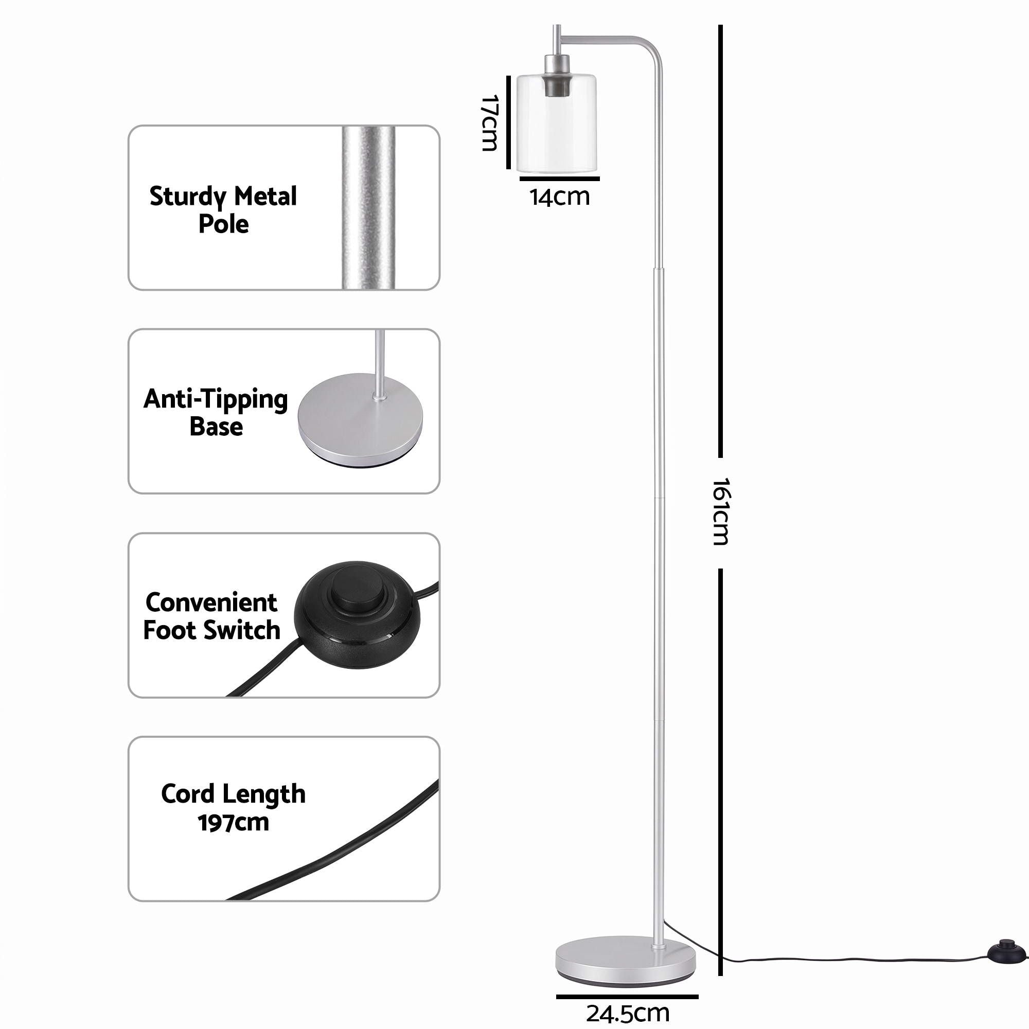 Floor Lamp Modern Industrial Standing Light with Clear Glass Shade, Silver Metal Tall Lamp for Living Room, Bedroom & Office, Anti-Tipping Weighted Base & Foot Switch (Bulb Not Included)