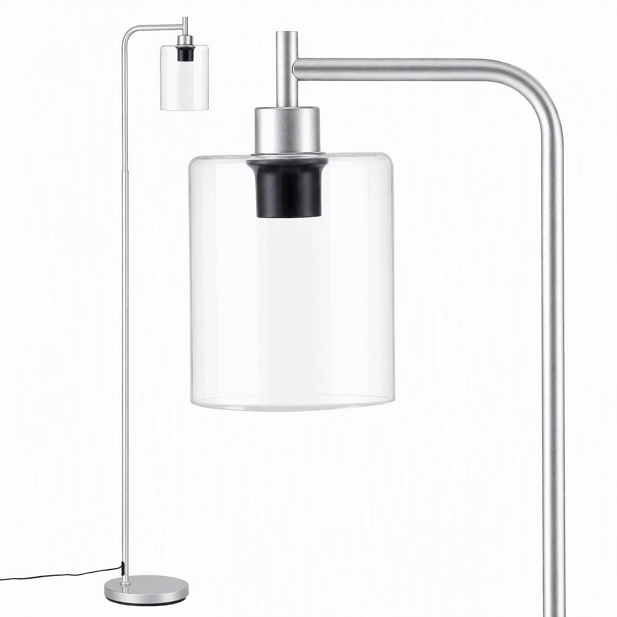 Floor Lamp Modern Industrial Standing Light with Clear Glass Shade, Silver Metal Tall Lamp for Living Room, Bedroom & Office, Anti-Tipping Weighted Base & Foot Switch (Bulb Not Included)