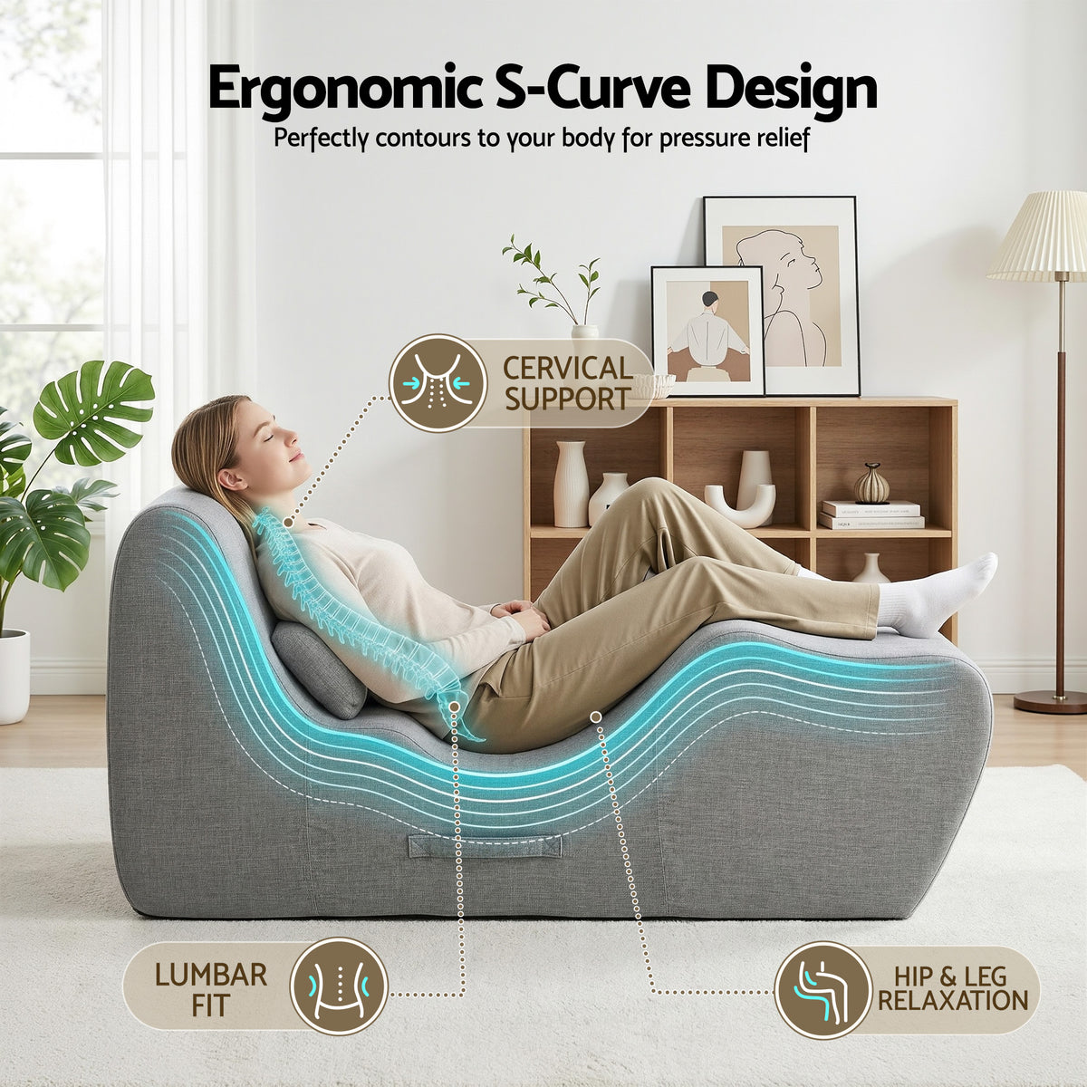 Ergonomic S-Curve Chaise Lounge Floor Lounger with Adjustable Headrest and Lumbar Support - Grey