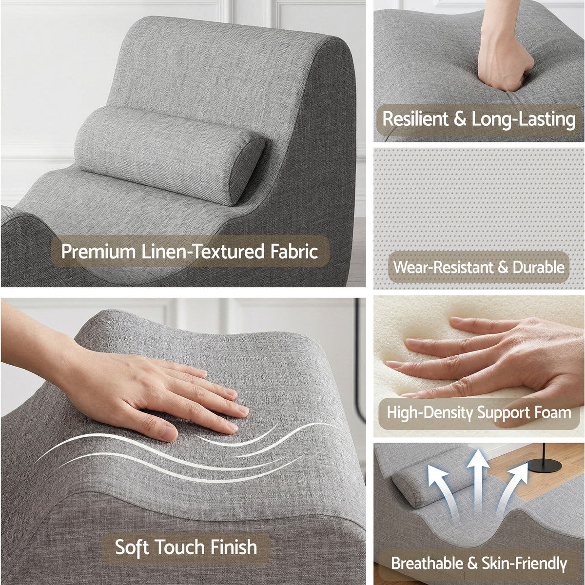 Ergonomic S-Curve Chaise Lounge Floor Lounger with Adjustable Headrest and Lumbar Support - Grey