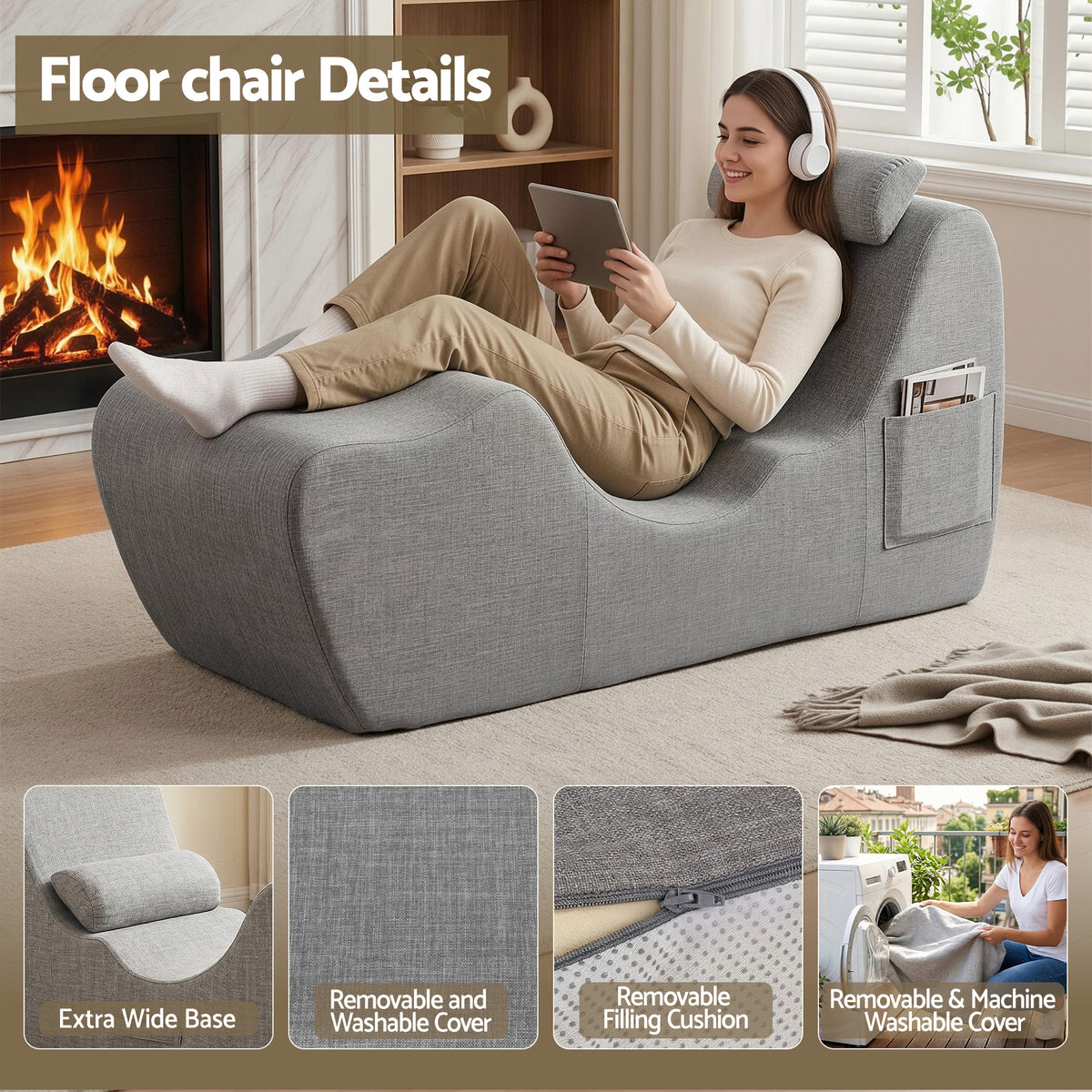 Ergonomic S-Curve Chaise Lounge Floor Lounger with Adjustable Headrest and Lumbar Support - Grey