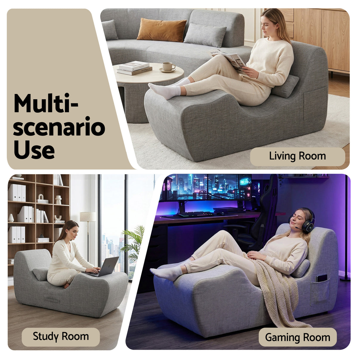Ergonomic S-Curve Chaise Lounge Floor Lounger with Adjustable Headrest and Lumbar Support - Grey