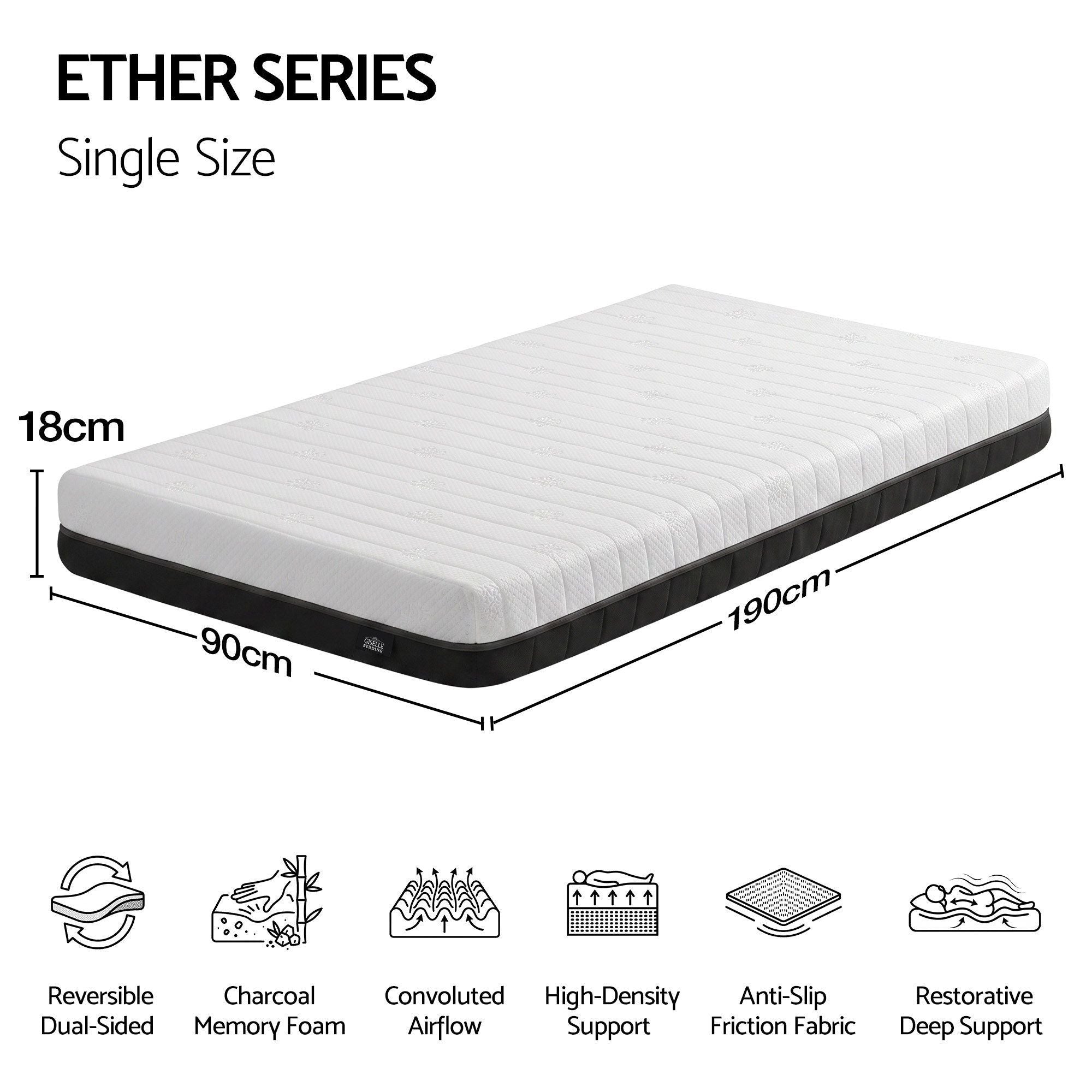 18cm Single Dual Feel Reversible Memory Foam Mattress - Charcoal
