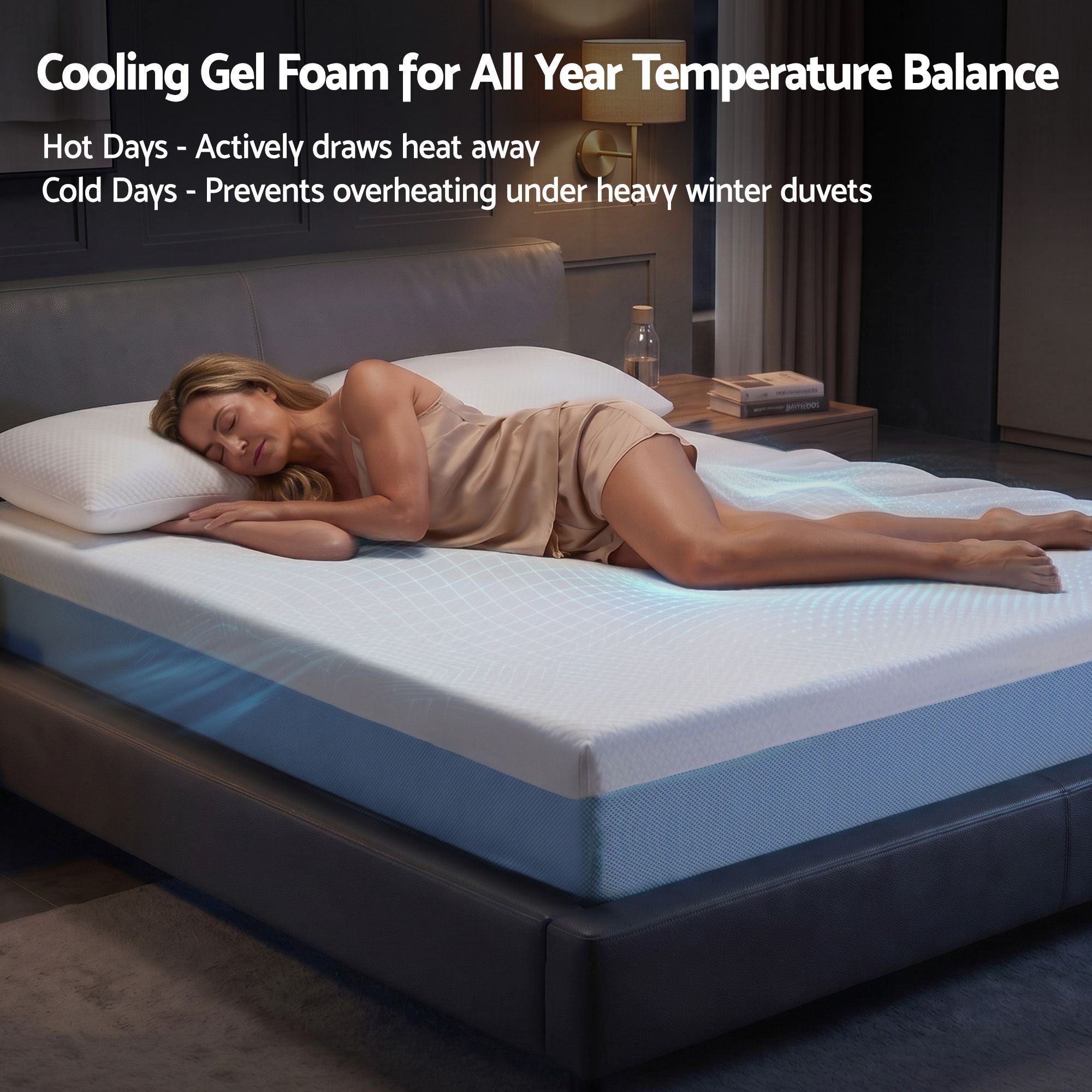 22cm Double Medium Firm Cooling Gel Memory Foam Mattress - White and Blue