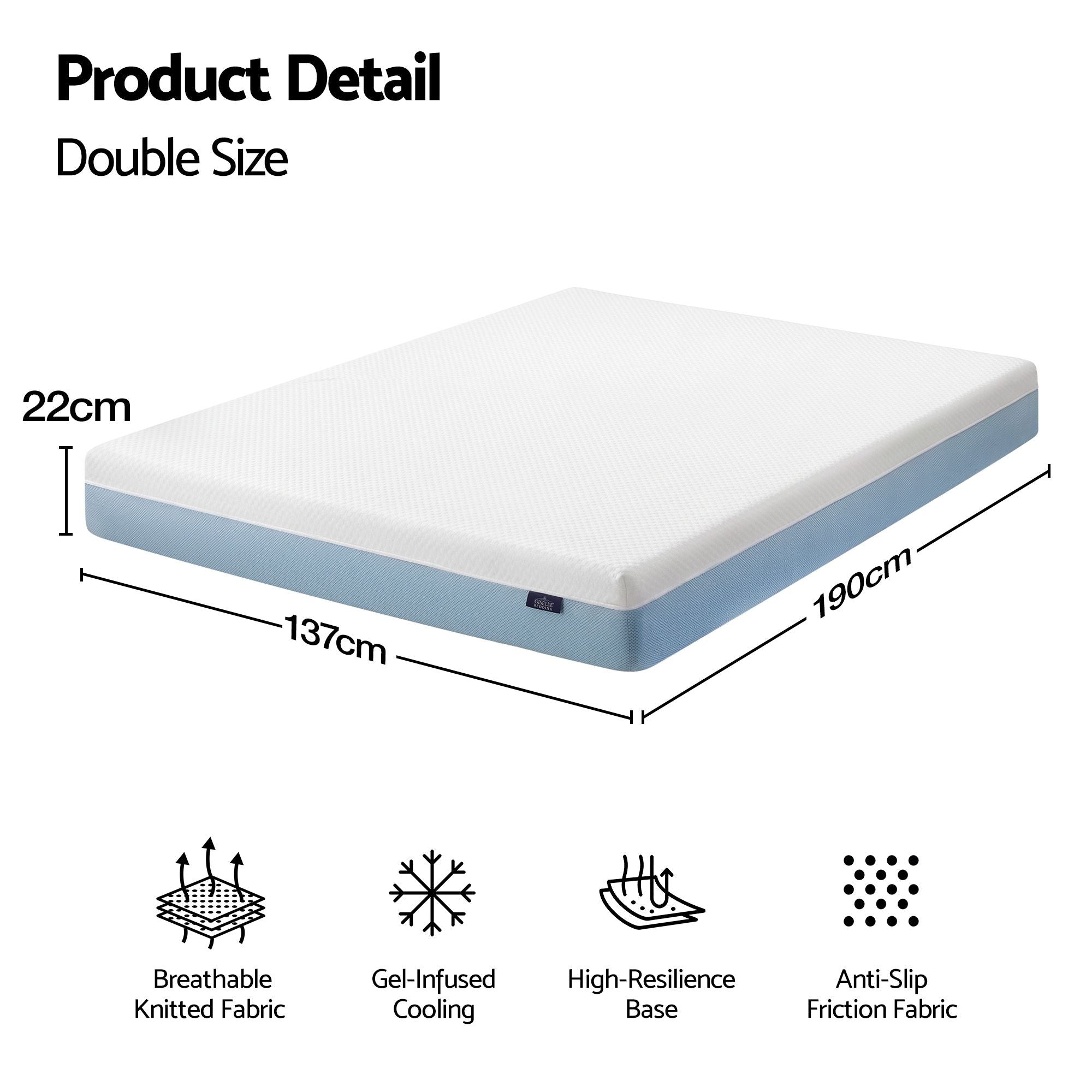22cm Double Medium Firm Cooling Gel Memory Foam Mattress - White and Blue