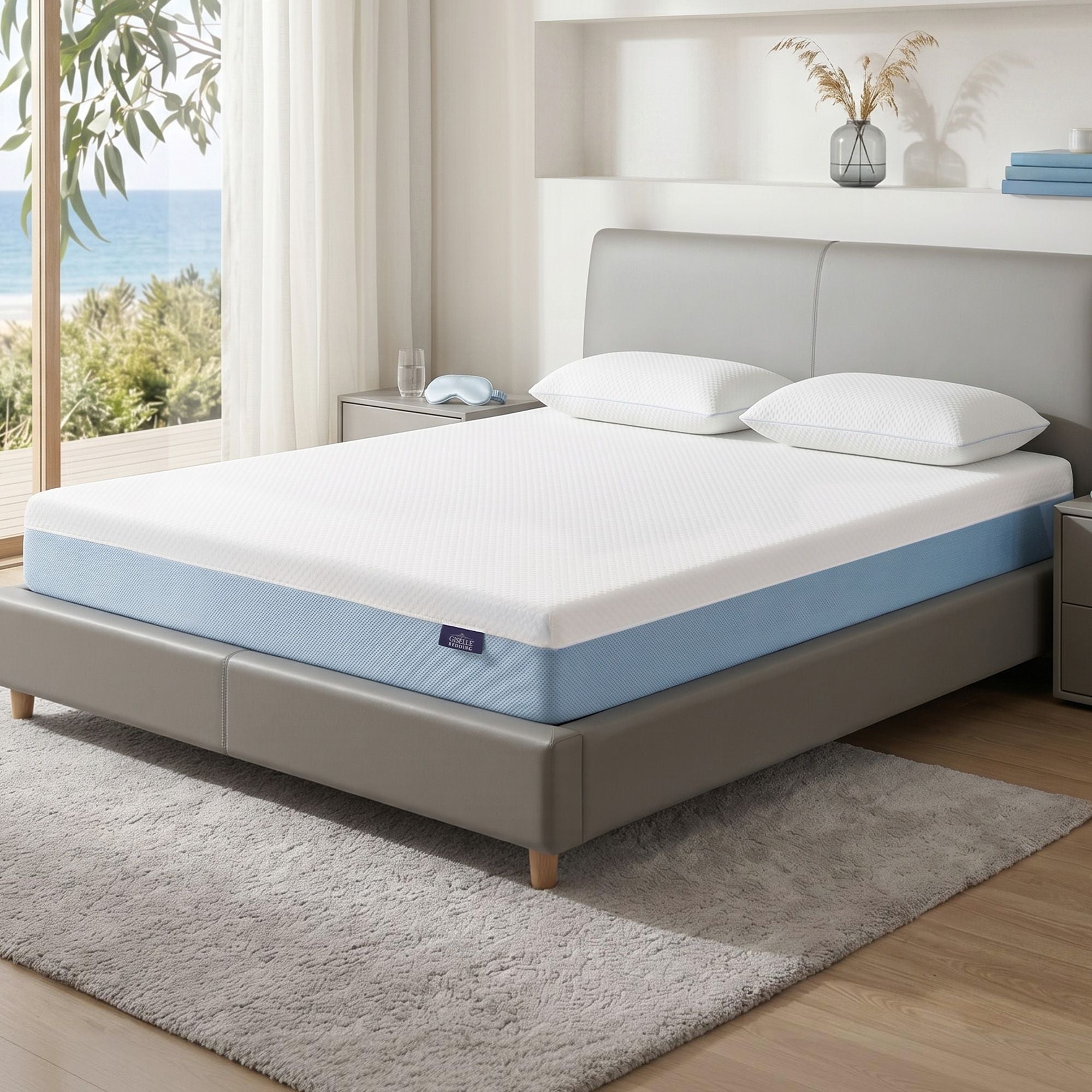 22cm Queen Cooling Gel Memory Foam Mattress Medium Firm - White and Blue