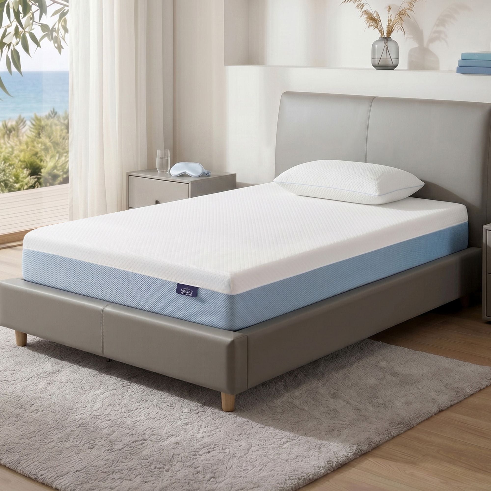 22cm Single Cooling Gel Memory Foam Mattress Medium Firm - White and Blue
