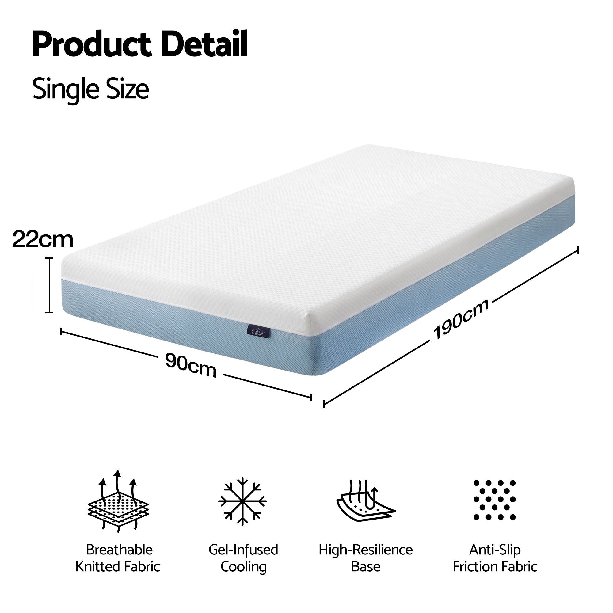 22cm Single Cooling Gel Memory Foam Mattress Medium Firm - White and Blue