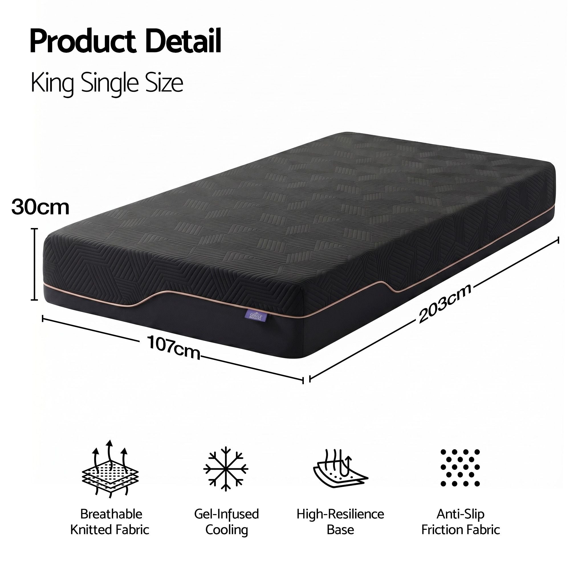 King Single 30cm Medium Firm Cooling Memory Foam Mattress with Gel Comfort - Black