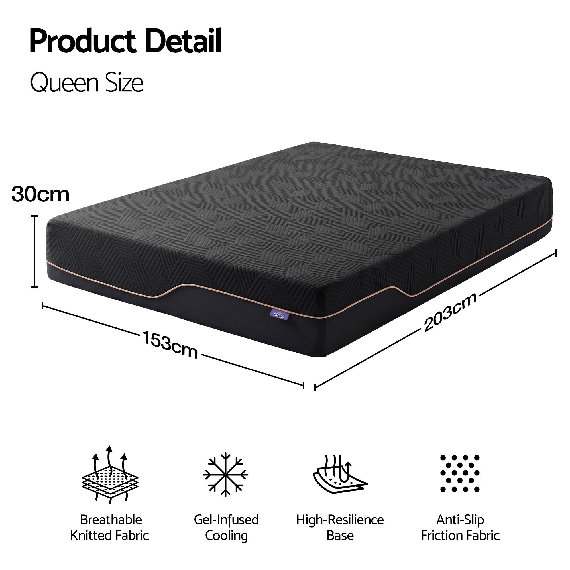 Queen 30cm Medium Firm Cooling Memory Foam Mattress with Gel Comfort - Black