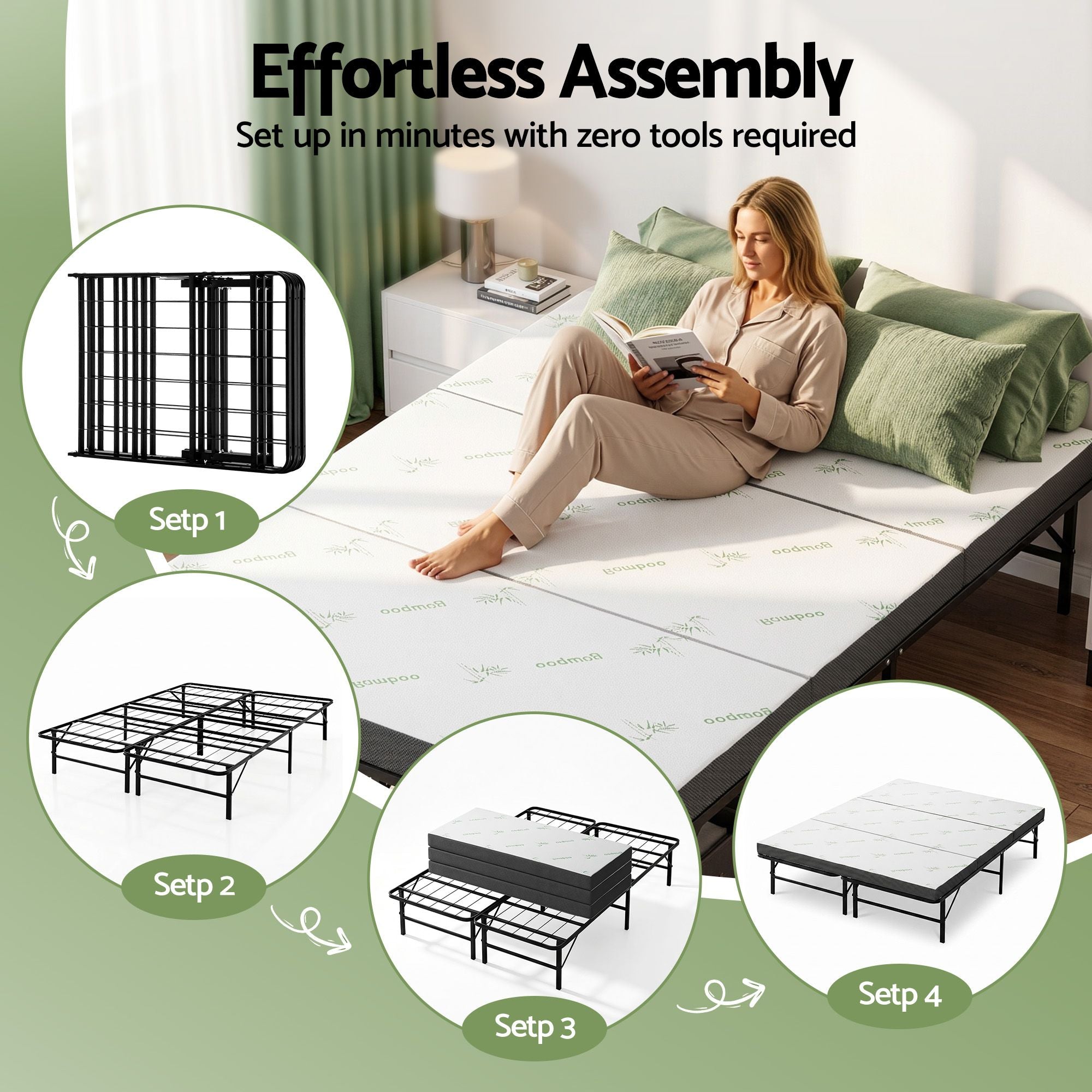 Folding Bed with Mattress Double Portable Foldable Guest Bed Bamboo Cover