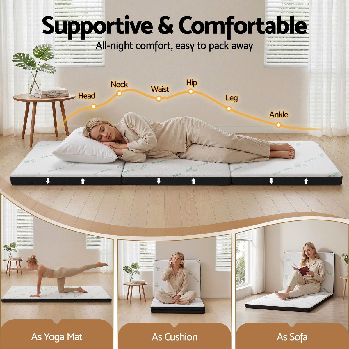 Folding Single Mattress 5cm Foam Bamboo Portable Camping Guest Bed Mat