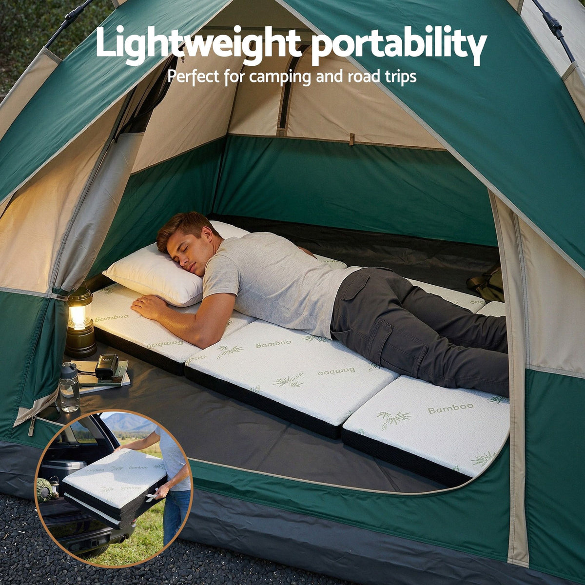 Folding Single Mattress 5cm Foam Bamboo Portable Camping Guest Bed Mat