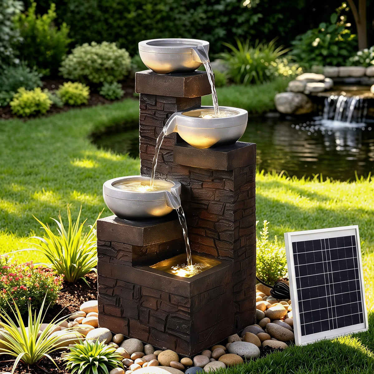 Solar Fountain 4-Level Cascading Bowl Water Feature 75cm - Brown