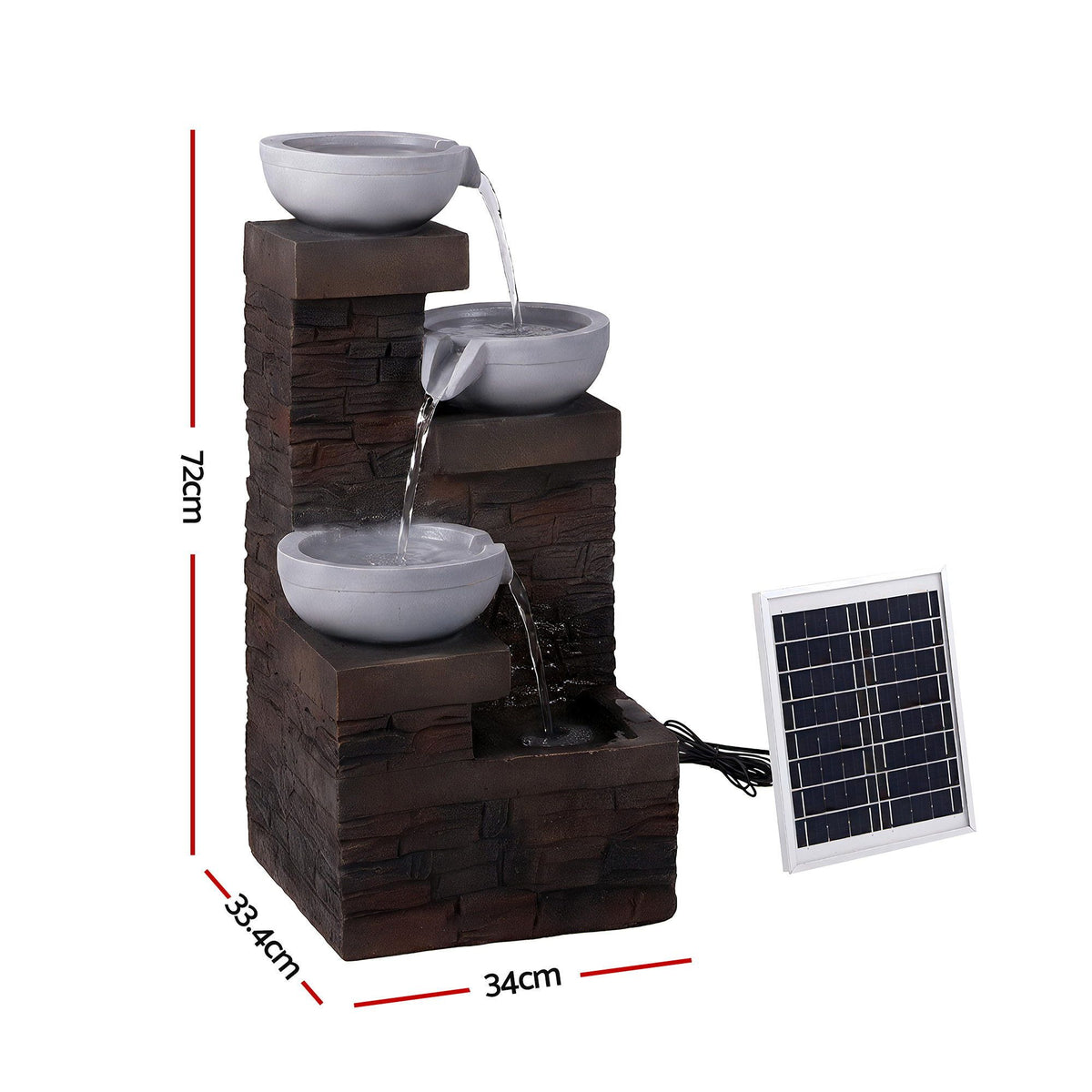 Solar Fountain 4-Level Cascading Bowl Water Feature 75cm - Brown