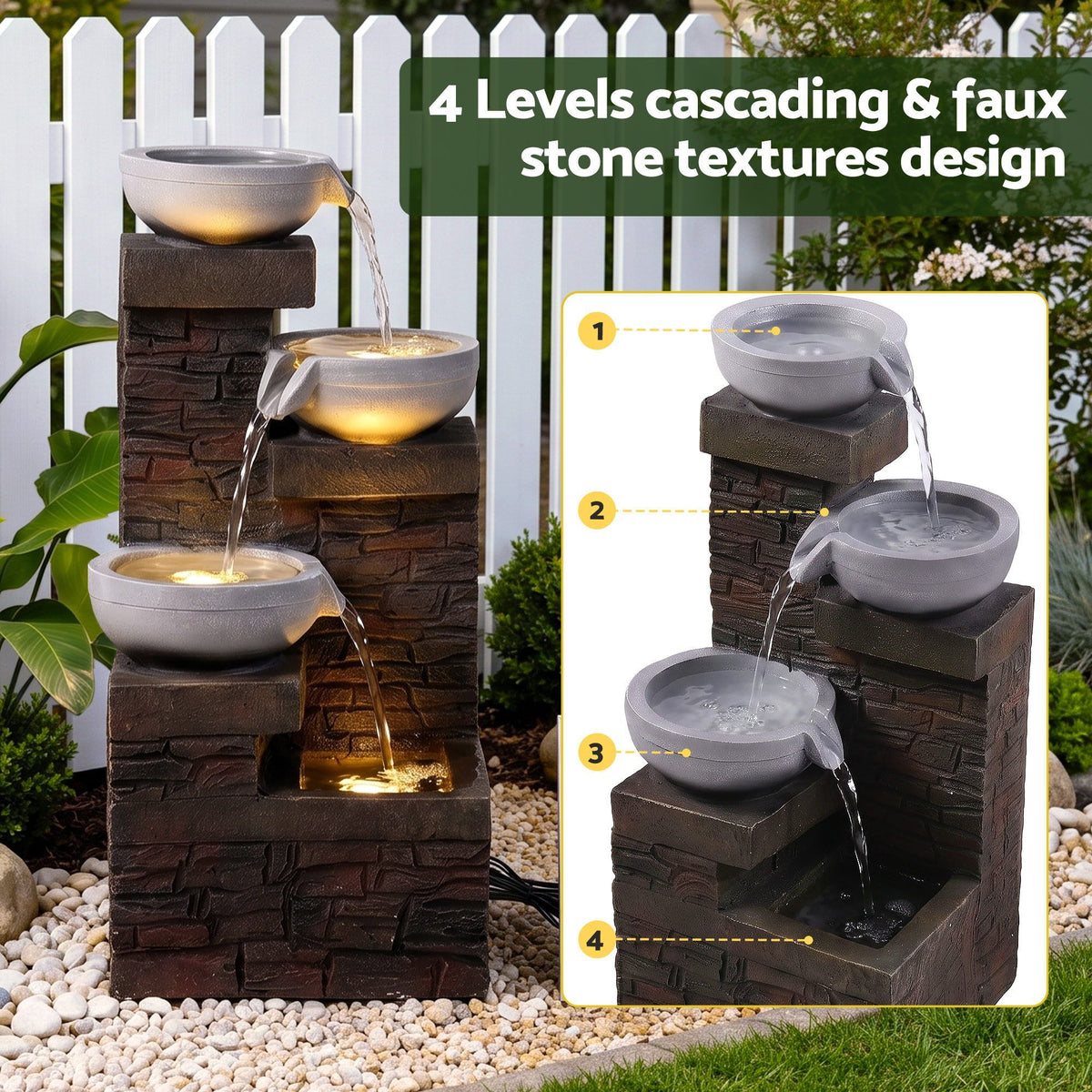 Solar Fountain 4-Level Cascading Bowl Water Feature 75cm - Brown