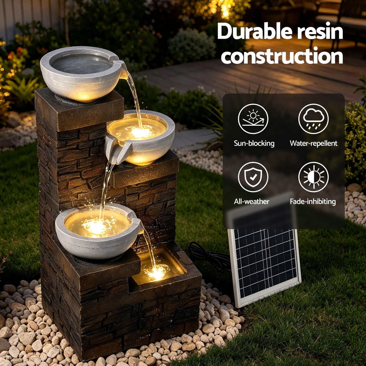 Solar Fountain 4-Level Cascading Bowl Water Feature 75cm - Brown