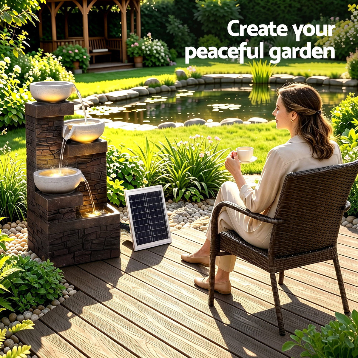 Solar Fountain 4-Level Cascading Bowl Water Feature 75cm - Brown