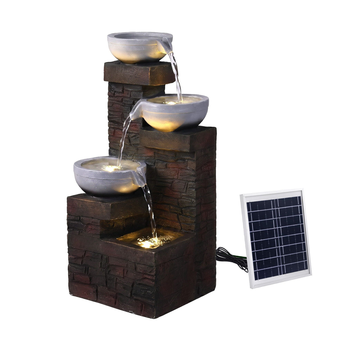 Solar Fountain 4-Level Cascading Bowl Water Feature 75cm - Brown